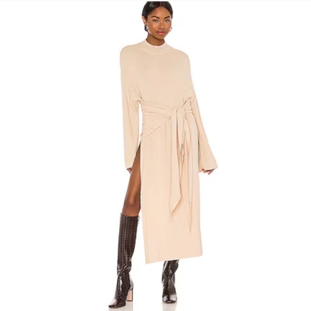 SNDYS Women's Tied Up Knit Midi Dress Wrap Cream Sweater Mockneck XL